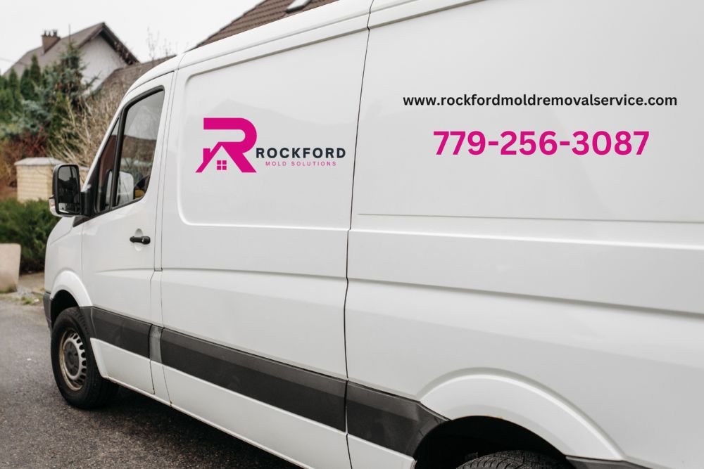 Moving van from Rockford Moving and Storage, featuring details about mold removal services in Rockford, Illinois.