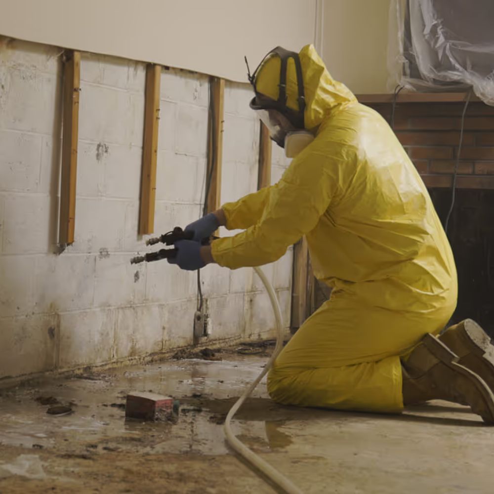 A mold removal technician in a yellow suit and protective gear is working on a wall in Rockford, IL.
