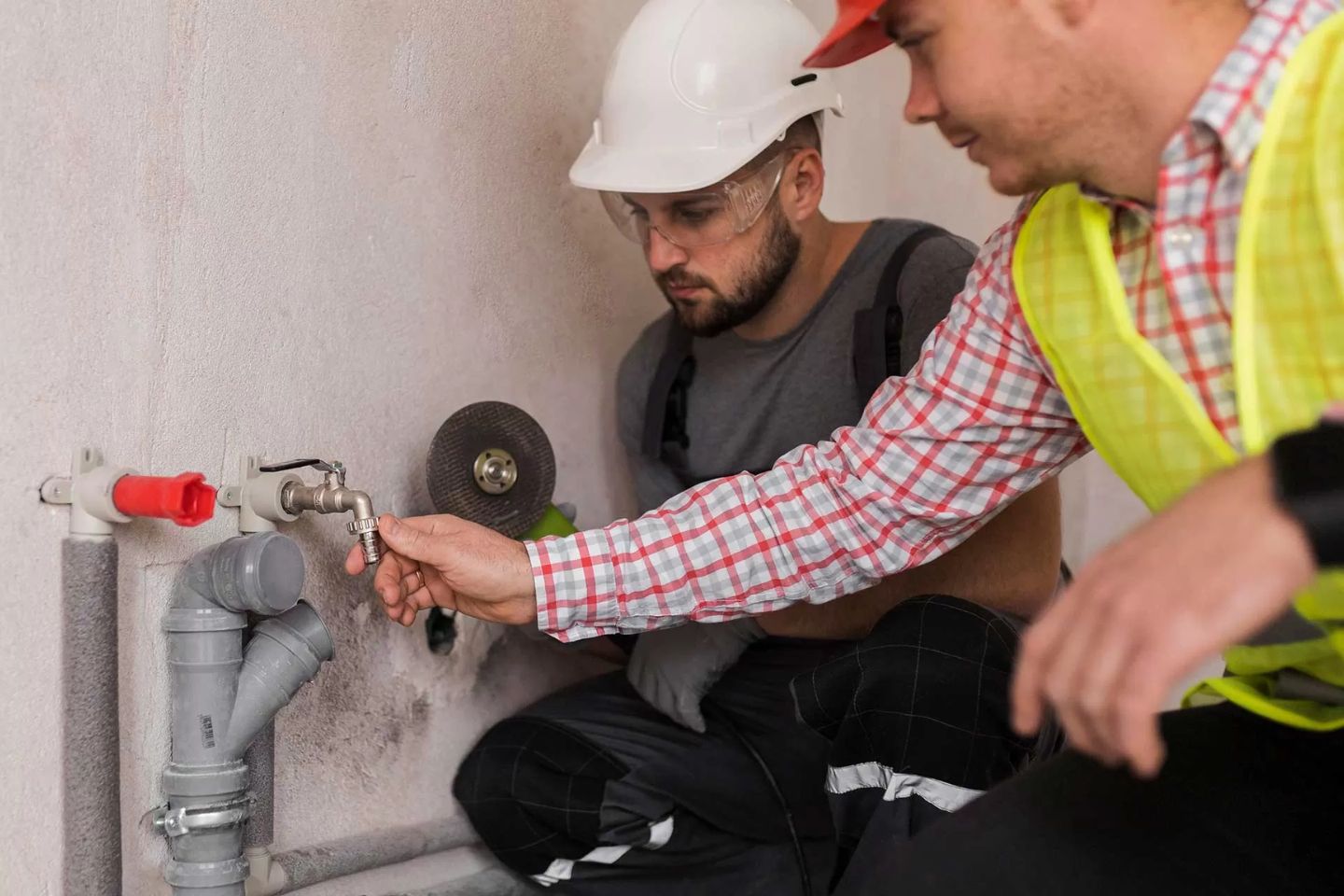 Two technicians working on plumbing repairs for a water damage restoration project in Rockford, IL.
