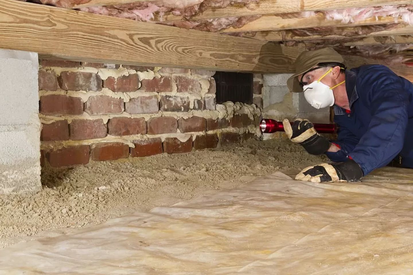 A man wearing a blue jacket and hat is engaged in mold removal in a Rockford, IL basement.