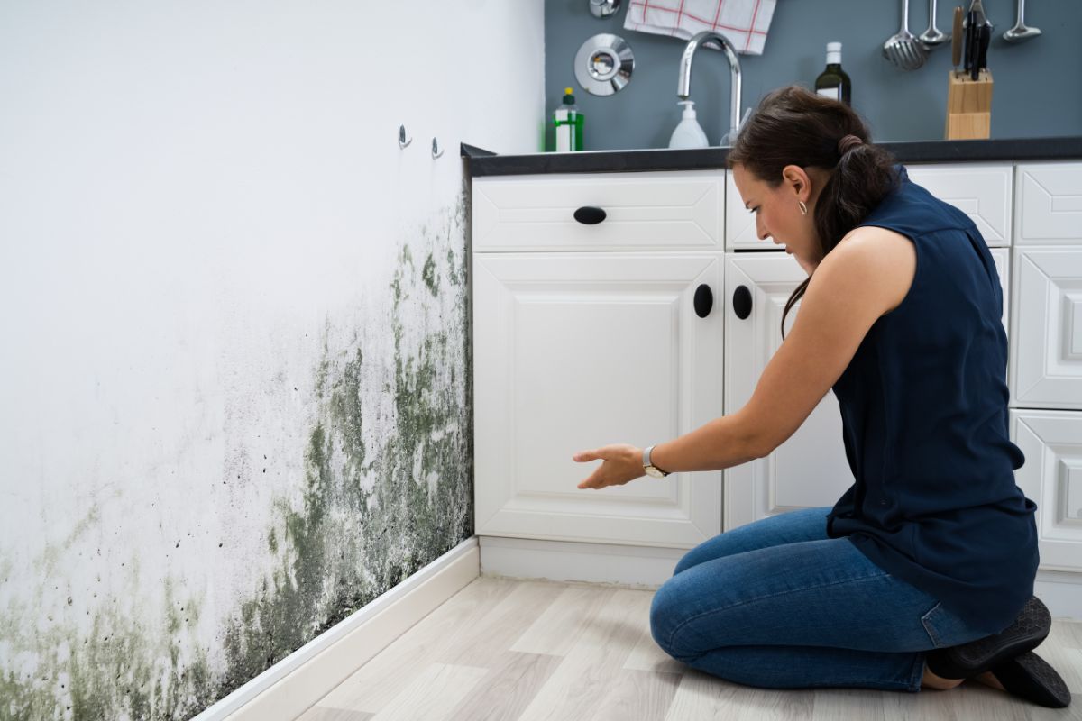 A woman kneels in a kitchen, inspecting mold on the wall, emphasizing the need for mold remediation and home maintenance. 
